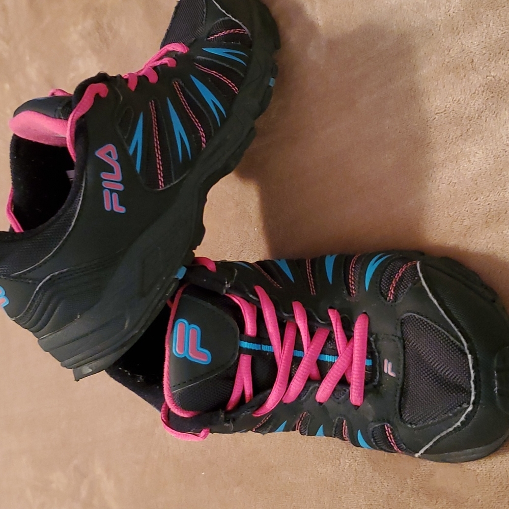 FILA RUNNING SHOES, 10, BLACK WITH PINK AND BLUE